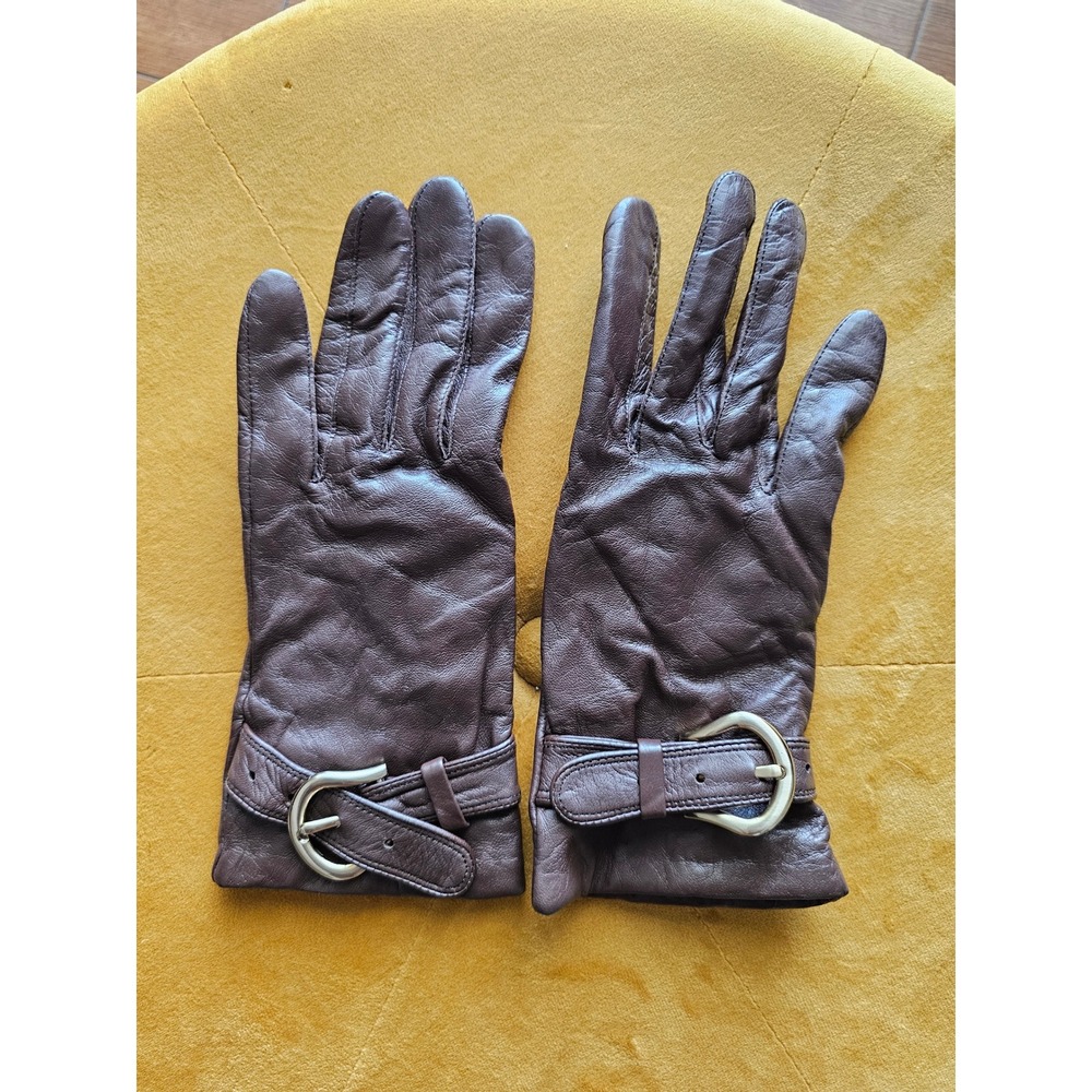Cole Haan Women Brown Leather Buckle Strap Gloves Knit Lined Winter JT01